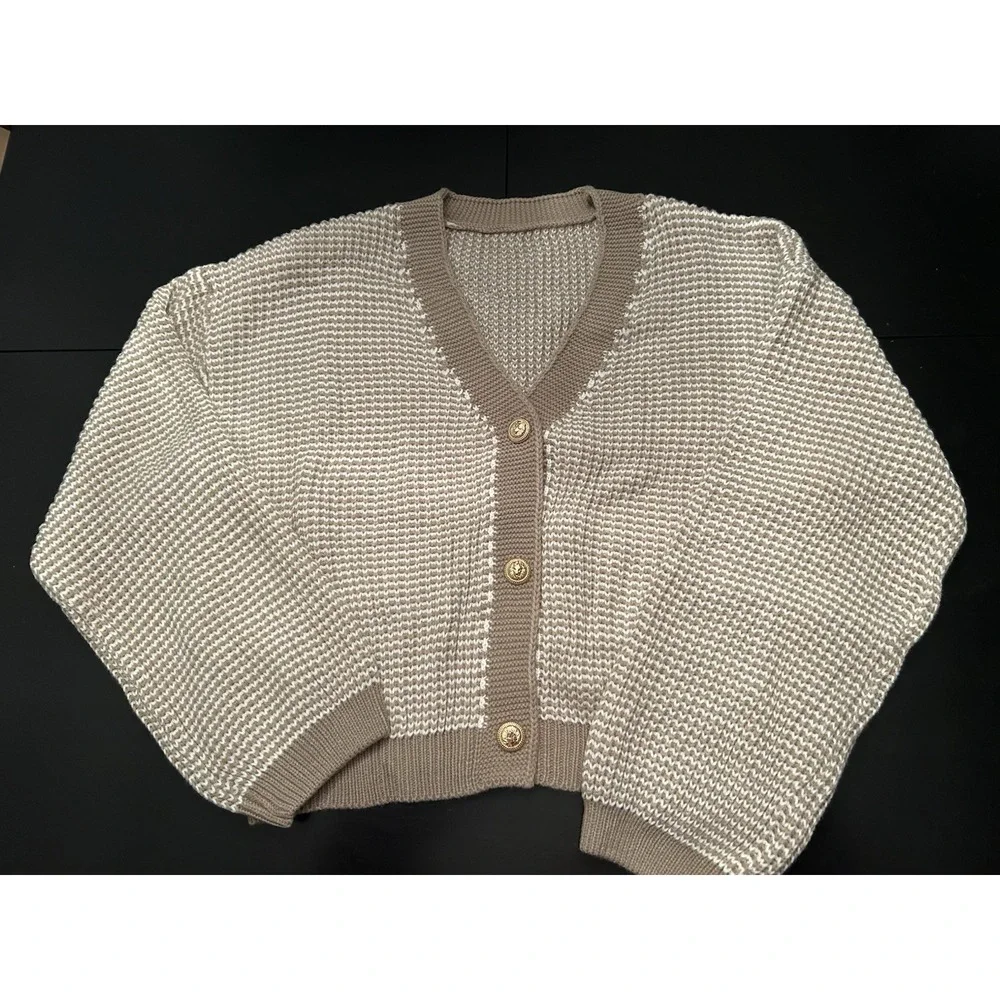 New Cardigan Sweater L Classy Taupe White Gold Time Buttons Large